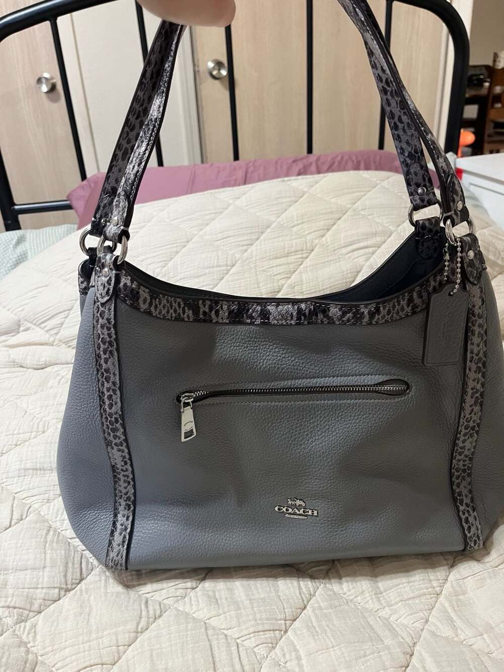 Coach Kristy Pebbled Leather Shoulder Bag Granite Gray with Python Trim C6830